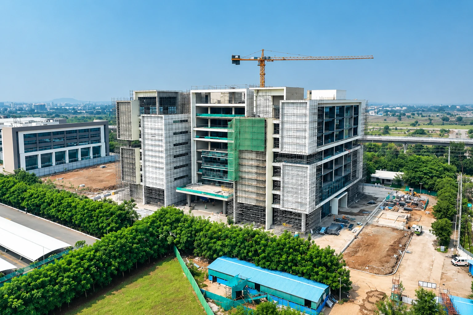 Construction-stage aerial view of Infosys SDB-2, Indore.